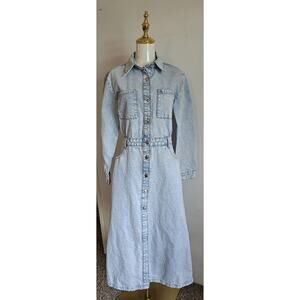 Zara Womens M Light Wash Denim Midi Dress Long Sleeve Button Down